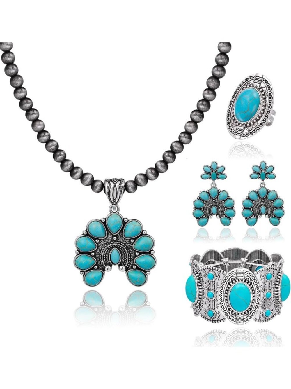 Turquoise Western Squash Blossom Jewelry Set - 4 Pieces, Boho Chic Accessories